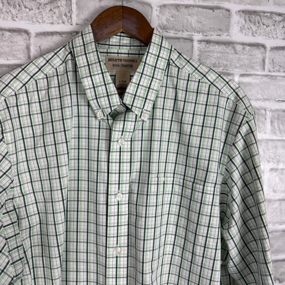 Duluth Trading Co Wrinklefighter Shirt Men L Tall Green Plaid Relaxed Fit Cotton